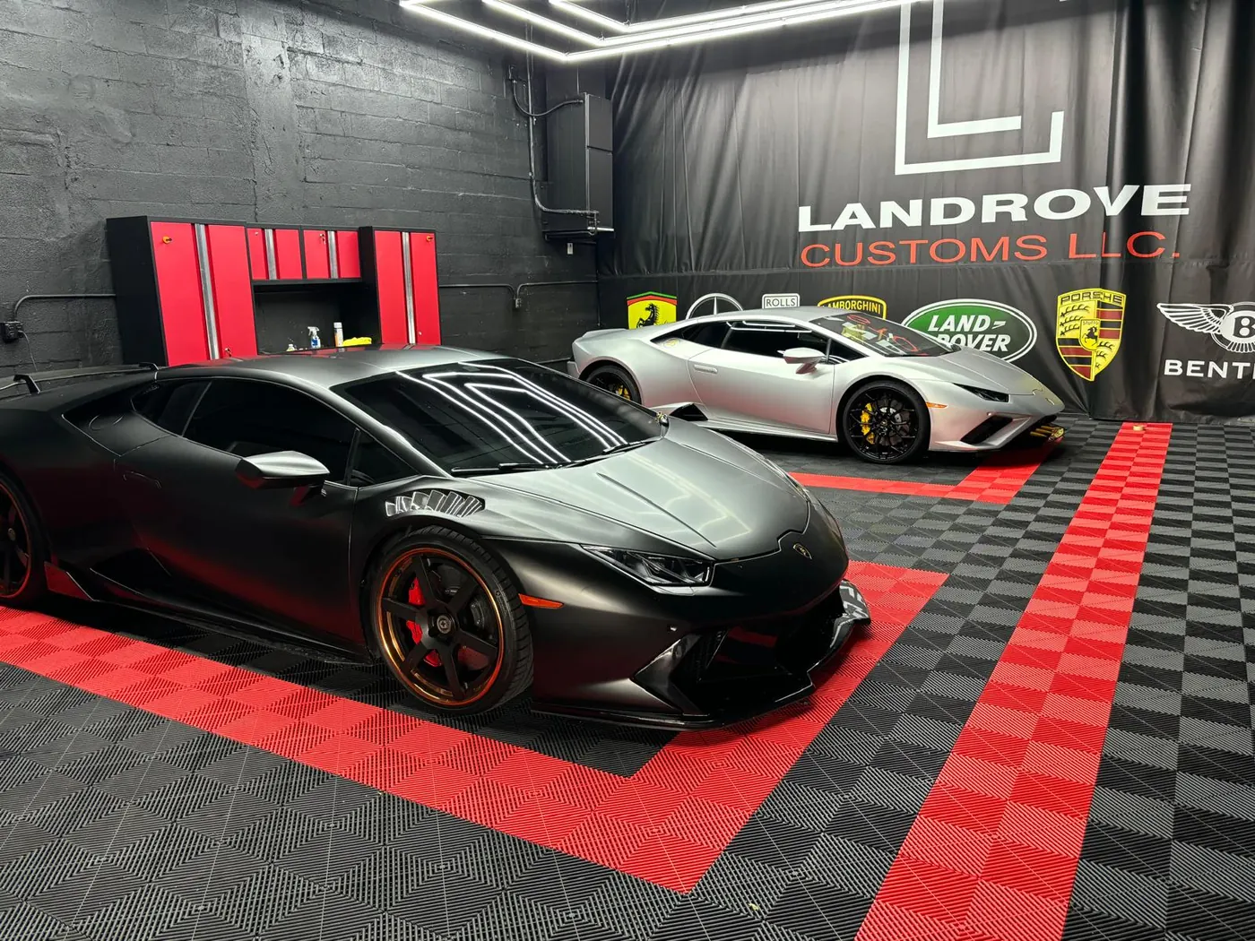 Landrove Customs shop with Lamborghinis